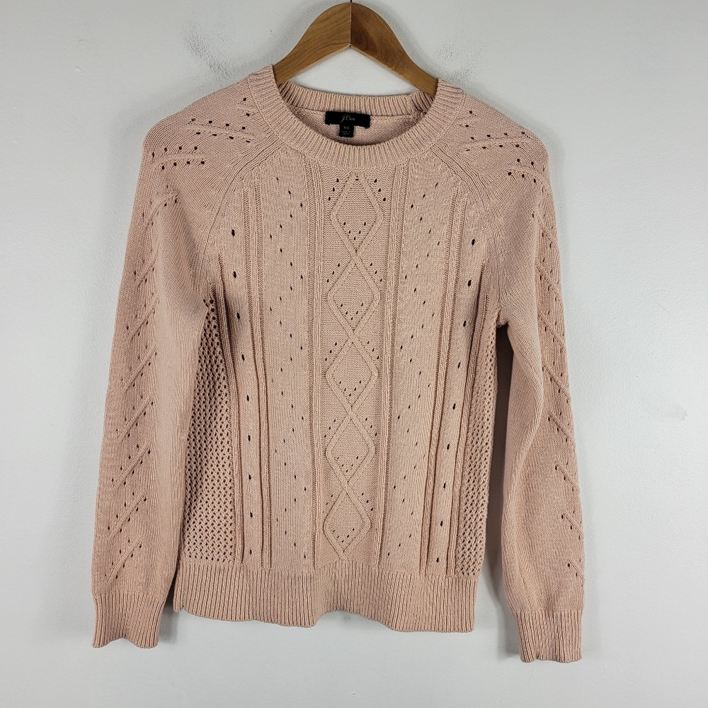 J.Crew Cotton Cable Knit Pointelle Long Sleeve Crew Neck Sweater